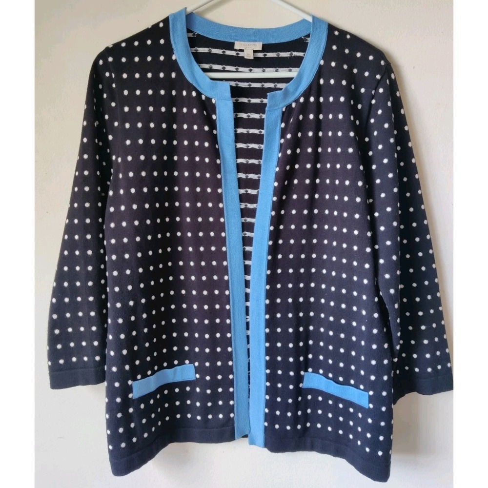Talbots Womens Open Front Cardigan Sweater Black White Polka Dot Blue Trim Sz‎ M